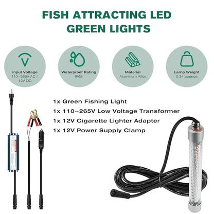 F2 110V &12V Underwater Fishing Light 100W 10000lm Bright Fish Attracting Light for Boat Docks Kayaks at Night, Submersible Green Light for Crappie Snook Bass Squid Bait Catfish(16.4ft Cord) - size: 16.4FT F2