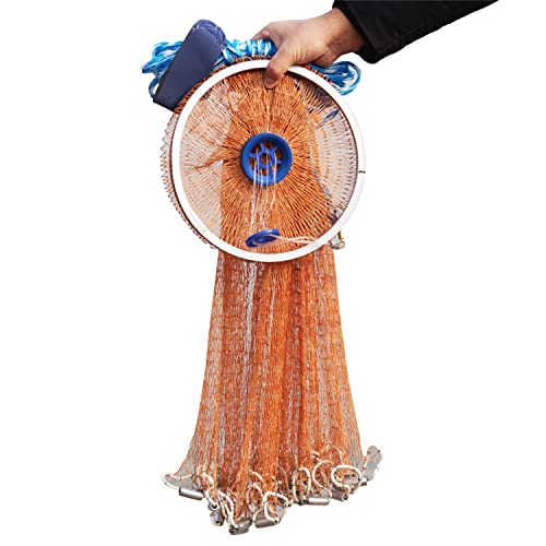 Cast Fishing Net with Aluminum Frame, 0.8 inch Mesh, 7.8-13.8 ft Diameter - color: Brown Braided Fishing Line, size: Dia: 9.8FT (metal sinker)