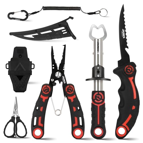 RUNCL 4pc Fishing Tool Kit- Fishing Pliers, Fish Fillet Knife with Sharpener, Fish Lip Gripper, Fishing Braid Scissors, Saltwater Fishing Gear and Equipment with Sheath/Lanyard, Fishing Gifts for Men - size: 5 inch