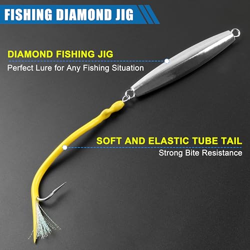 Diamond Jig Saltwater Fishing Lures Casting Jigging Spoon with Tube Tail Stainless Steel Hooks Trolling Lures Striped Bass Metal Jig for Deep Sea Surf Fishing Bottom Dragging Sinking - color: Yellow, size: 8 oz