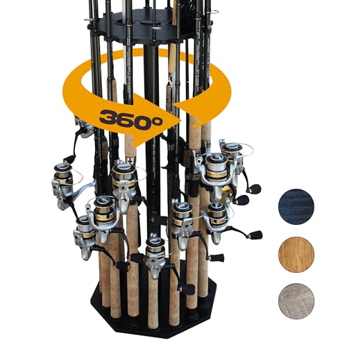Rush Creek Creations 16-Rod Round Fishing Rod Holder for Garage, 360° Access Fishing Pole Holder for Fishing Rods, Reels, Gear, and Accessories, Securely Holds 16 Rods, Black - color: Black