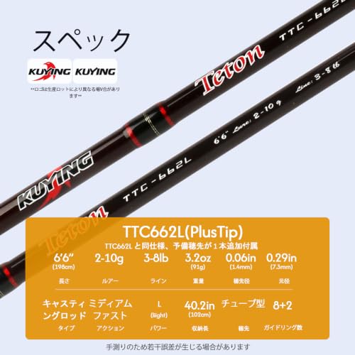 Teton 5'2"-6'6" BFS Fishing Rod Casting & Spinning, Ultra Light Rods, 40T Carbon Fiber Blank, Fuji Guides & Reel Seat, MF Fast Action, 2 Piece Travel Trout Lure Pole - size: Cast 6'6"-L-M Fast-TTC662L(PlusTip)