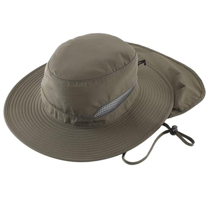 Connectyle UPF 50+ Wide Brim Sun Hat for Men Women UV Protection Fishing Hat with Neck Flap Outdoor Safari Bucket Hiking Hats - color: Army Green