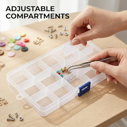 Fishing Tackle Box 15 Compartments Plastic Storage Tray With Removable Dividers, Blue Latch 17x10cm Clear Plastic Organizer Box For Storing Fishing Lures Hooks Jewelry Beads Small Hardware