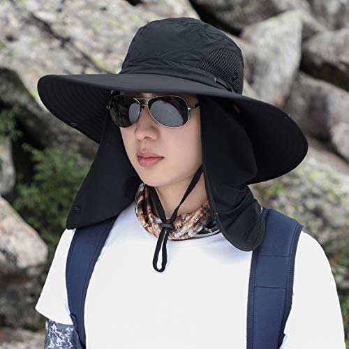 Sun Hat Unisex Face Coverage Shield Neck Flap Cap Garden Lawn Work Sports Hiking Fishing Hats - color: Black