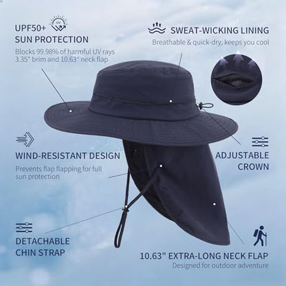Connectyle Wide Brim Sun Hat for Men Women UPF 50+ Breathable Fishing Hat with Neck Flap Outdoor Hiking Safari Bucket Hats - color: Navy Blue