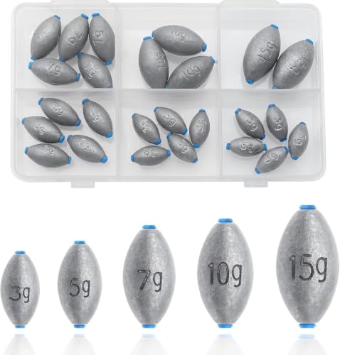 25Pcs 5 Size Egg Fishing Sinker Weights Assortment | Oval Shaped Bullet Bass Casting Fishing Weights for Saltwater Freshwater