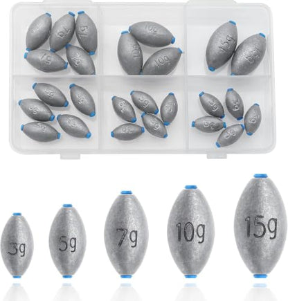 25Pcs 5 Size Egg Fishing Sinker Weights Assortment | Oval Shaped Bullet Bass Casting Fishing Weights for Saltwater Freshwater