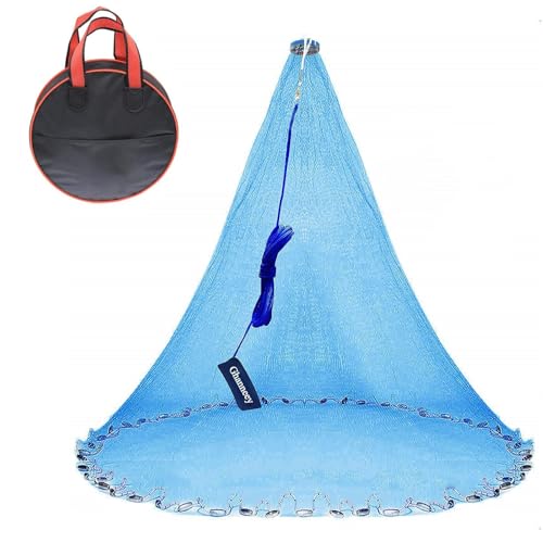 Nylon Monofilament Cast Net, 4FT/6FT/7FT/8FT/9FT/10FT/12FT American Style Hand Throwing Fishing Net with Iron Chain Weights for Saltwater and Freshwater - color: BLUE, size: 10FT
