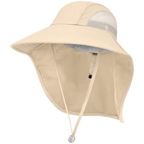 Kids Sun Hat UPF50+ Summer Beach Play Sun Protection Hats with Neck Flap for Ages 5~14 Girls Boys - color: Beige