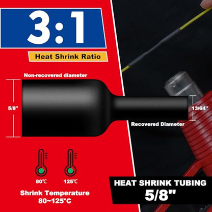 5/8" Heat Shrink Tubing, 32.8 Ft Roll Industry Marine Grade 3:1 Shrink Ratio Shrink tubing, Adhesive Lined Heat Shrink Tube, 15.4mm Waterproof Shrink Tube for Wires Home Marine Automotive-Black - size: 5/8"-32.8 Feet