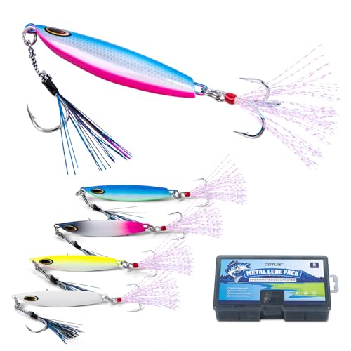 Goture Fishing Jigs, 30g 40g 50g 60g Vertical Jig Saltwater Freshwater, Jig Lures with Assist Hook and Treble Hook, 5PCS Jigging Spoon Lures with Tackle Box, Fishing Jigs for Tuna, Salmon, Bass - color: A1 with Tackle Box, size: 50g
