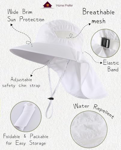 Home Prefer UPF50 Wide Brim Kids Sun Hat Neck Flap Boys Girls Sun Protection Hat for Beach Fishing - color: White, size: 4-8 Years