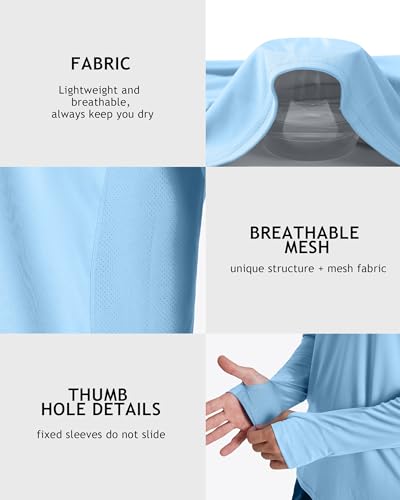 Roadbox UPF 50+ Men's Hooded Fishing Shirts, Long Sleeve UV Sun Protection Hoodie Hiking Running Swim Rash Guard with Mask - color: Light Blue, size: XX-Large
