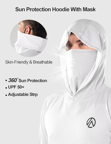 Men's Fishing Shirt,Face Mask Sun Protection Hoodie Shirt,Cooling Quick Dry Long Sleeve with Pockets - color: White, size: Large
