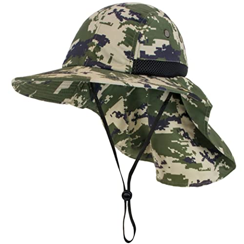 SUN CUBE UPF50+ Sun Hat for Men Women with Neck Flap, Wide Brim UV Protection Fishing Safari Hat for Hiking Beach Gardening - color: Green Camo