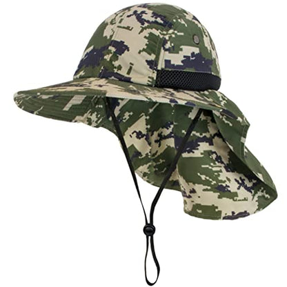 SUN CUBE UPF50+ Sun Hat for Men Women with Neck Flap, Wide Brim UV Protection Fishing Safari Hat for Hiking Beach Gardening - color: Green Camo