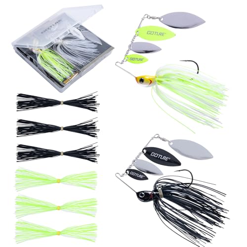 Goture Spinner Baits, Hard Metal Spinnerbaits Kit with 4 Spinner Blades, Spare Skirts Replacement, Buzzbait Spinnerbaits Fishing Lures for Bass Trout Pike Salmon Walleye Freshwater Saltwater - color: B1:2pcs(Fluorescent Green & Black), size: 10g 3/8oz