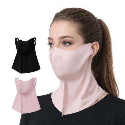 Ice Silk Sun Protection Face Mask for Women, Breathable Cooling Face Cover with Neck Coverage, Driving，Golf，Hiking - color: Black+pink