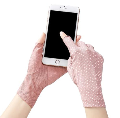 Eohak Women Driving Gloves Sun UV Protection Summer Outdoor Hiking UPF 50+ Glove Touchscreen Half-Finger Glove - color: Pink