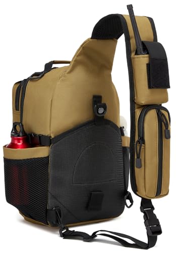 Tactical Sling Backpack Holster Range Shoulder Bag 15L Crossbody Bag Water Bottle Holder Radio Pouch 6 Elastic Slots - color: Brown Tan