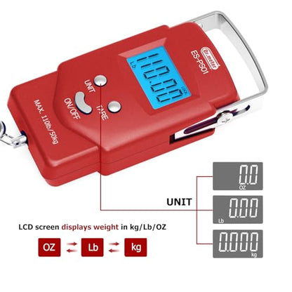 Dr.meter Fish Scale Luggage Scale Fishing Gear - 110lb Backlit LCD Display Digital Scale with Built-in Measuring Tape - Fishing Scale with 2 AAA Batteries, Pocket Size - Fishing Gifts for Men - color: Red