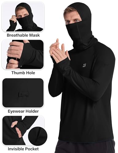 Roadbox Mens UPF 50+ Sun Protection Hoodie, Long Sleeve Fishing Shirt with Mask, Lightweight UV SPF Hooded for Hiking Running - color: Black, size: Large
