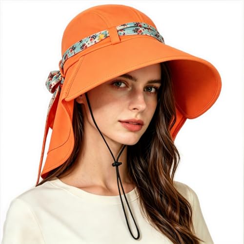 Solaris UPF 50+ Wide Brim Sun Hat for Women - Small Size Packable Lightweight, Floral Scarf Cooling Hat with Neck Flap - color: Orange-round