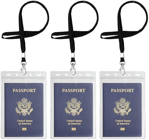 3 Pack Clear Plastic Passport Badge Holders with Lanyard, 4x6 Inch Vertical No Zipper ID Card Holder with Black Lanyard Extra Large ID Badge Holder for Passport