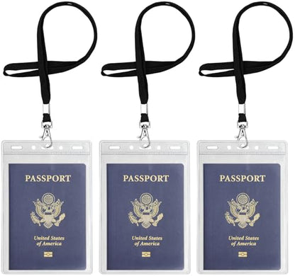 3 Pack Clear Plastic Passport Badge Holders with Lanyard, 4x6 Inch Vertical No Zipper ID Card Holder with Black Lanyard Extra Large ID Badge Holder for Passport