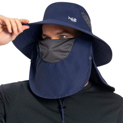 BASSDASH UPF 50+ Breathable Sun Hat with Removable Face Cover and Neck Flap Wide Brim Bucket Hat for Fishing Hiking Men Women - color: Dark Blue