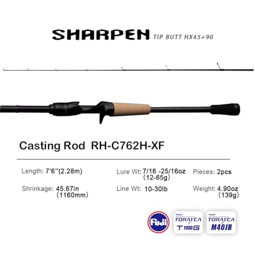 PURELURE Sharpen Fishing Rod 6'5''-9'2'' Spinning & Casting Rod L/ML/M/MH/H | M40JB+T1100G Carbon Fiber Blank, XF/MF Action Fishing Pole 2 Piece, Carbon Reel Seat Cork and EVA Handle, Fuji Guides - style: Casting: C762h-xf-2pcs