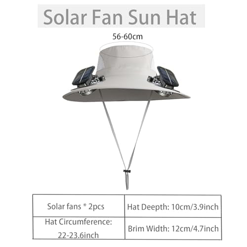 Solar Powered Fan Hat with 2 Fans, Wide Brim Sun Hat for Men Women, Adjustable Cooling Fishing Hat for Outdoor - color: Light Gray