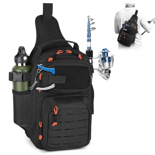 HUNTVP Fishing Sling Bag Lightweight Tackle Bag Small Fishing Backpack Tactical Shoulder Sling Bags with Rod Holder, Storage Gear and Equipment, Gifts for Men (Black) - color: Black