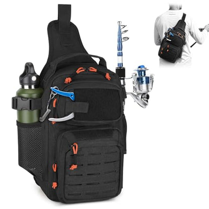 HUNTVP Fishing Sling Bag Lightweight Tackle Bag Small Fishing Backpack Tactical Shoulder Sling Bags with Rod Holder, Storage Gear and Equipment, Gifts for Men (Black) - color: Black