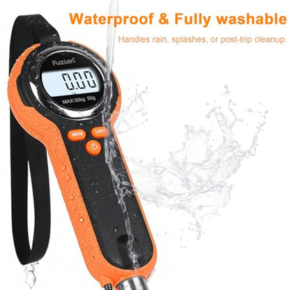 Fuzion Fish Scale, Professional Fishing Scale - 110lb Capacity, Waterproof, Night Light, Memory & Tape Measure | Portable Fish Weigh Kit w/Lip Gripper, Batteries & Pouch
