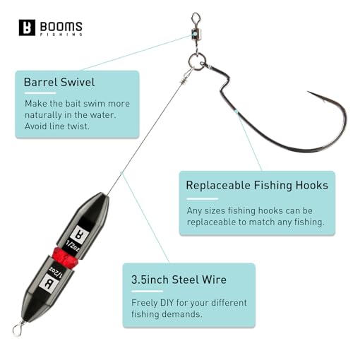 Booms Fishing TR1 Tokyo Rig, Pre Rigged Punch Shot Rig, Replaceable Hook Punchshot Kit, Bass Fishing Accessories Including Brass Bullet Weights, EWG Hooks, Barrel Swivel, Split Ring, Steel Wire, Bead - color: Black_1oz_4pack