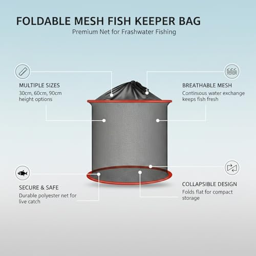 Collapsible Mesh Fish Keeper Bag, Portable Polyester Net for Freshwater Fishing, Black - size: 9.84 x 9.84 x 11.81"