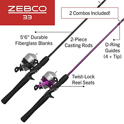 Zebco 33 Spincast Reel and 2-Piece Fishing Rod Combo, 5-Foot 6-Inch Durable Fiberglass Rod, Quickset Anti-Reverse Fishing Reel with Bite Alert