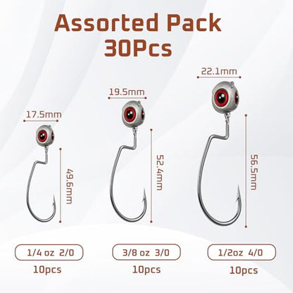 Weedless Jig Head, Swimbait Jig Heads, Texas Rig Compatible | For Bass, Walleye, 10 and 30 Pieces, Assorted Weights (BFS and Heavier Weights), Tackle Gift - style: Heavy Assorted 30 Pack (1/4oz, 3/8oz, 1/2oz)