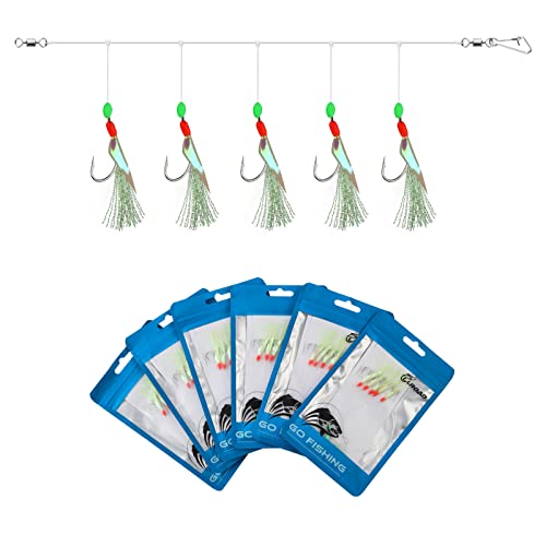 10 pcs Mackerel Feathers Rigs Saltwater, Pre-Tied Sea Fishing Bait Rigs with Luminous Colorful Feathers/Luminous Beads Bionic Flying Insects, Lure Rigs for Mackerel, Pollock, Cod, Bass - size: Hook Size 12+16+18, style: Style 1