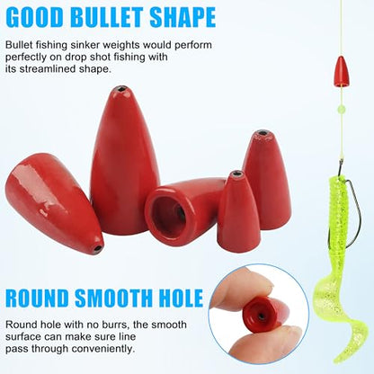 Bullet Fishing Sinkers Weights, 40pcs Slip Sinkers Worm Weights Painted Sliding Fishing Weights for Bass Fishing Pitching and Flipping Texas Rigs Carolina Rig Saltwater Freshwater - size: 1/16oz-40pcs, style: Red