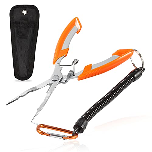 Fishing Pliers Needle Nose Stainless Steel Hook Remover Fishing Scissors Fishing Line Cutter Wire Cutter Braid Cutter Multi-Purpose Fishing Pliers with Sheath and Lanyard - style: Needle Nose