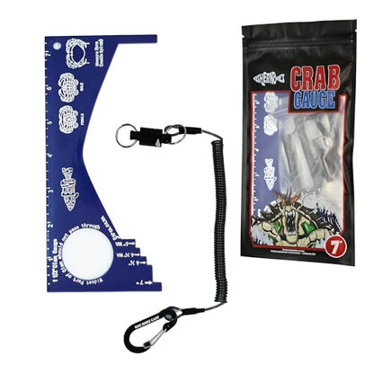 Fishernomics Crab Gauge - Blue & Silver Crab Ruler, Measuring Tool for Dungeness Crab, Rock Crab and Blue Crab with Strong Magnetic Clip Holder and Retractable Coiled Lanyard Carabiner