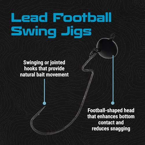 Reaction Tackle Football Swing Jig, Free-Swinging Hook with Football Head for Bass Fishing, Deep Water and Rocky Terrain (5-Pack) - color: Green Pumpkin, size: 3/4 Oz