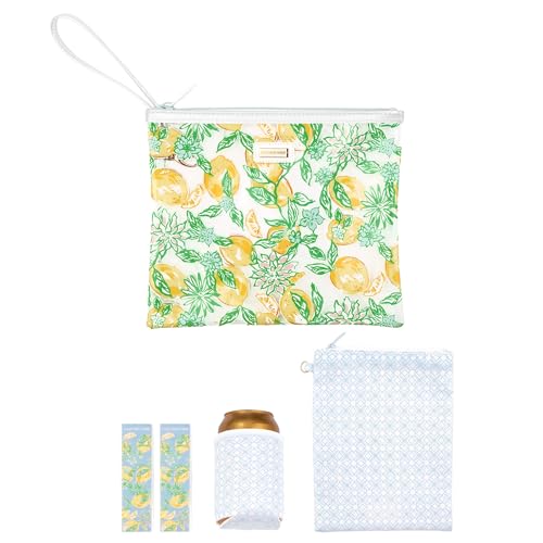 Lilly Pulitzer Water Resistant Vinyl Beach Day Pouch, Zipper Bag Includes Drink Hugger, Small Pouch, and Towel Clips - color: Make Lemonade