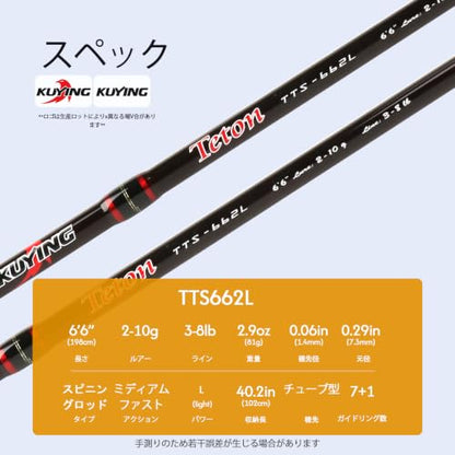 Teton 5'2"-6'6" BFS Fishing Rod Casting & Spinning, Ultra Light Rods, 40T Carbon Fiber Blank, Fuji Guides & Reel Seat, MF Fast Action, 2 Piece Travel Trout Lure Pole - size: Spin 6'6"-L-M Fast-TTS662L