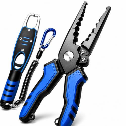 Fish Lip Gripper with Built-in Scale and Fishing Pliers, Stainless Steel Fishing Tool with Lanyard - color: Blue And Black/Green And Black