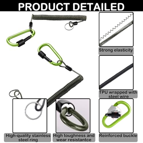 2 Pack Fishing Lanyard Steel Wire Coiled Lanyard Tool, 78.7 Inch Reinforced Version Retractable Fishing Coiled Lanyards with buckle hook for Fishing Lip Grips Pliers Fishing Rods Kayak Fish Tools