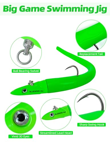 BLUEWING Jig Heads Saltwater 2oz,3oz,4oz,5oz,6oz,7oz Swimming Jigheads 1pc with High Carbon Steel Swing Hook and 6in/9in Replacement Tail Big Game Fishing Lures - color: Swimming Jig - Green, size: 2oz Head - 6in Tail